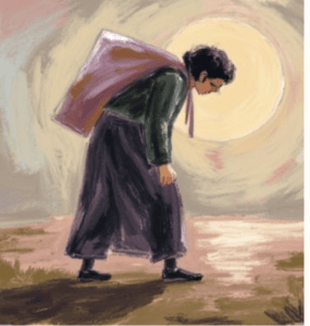 Image shows woman walking and bent over with worries on her back