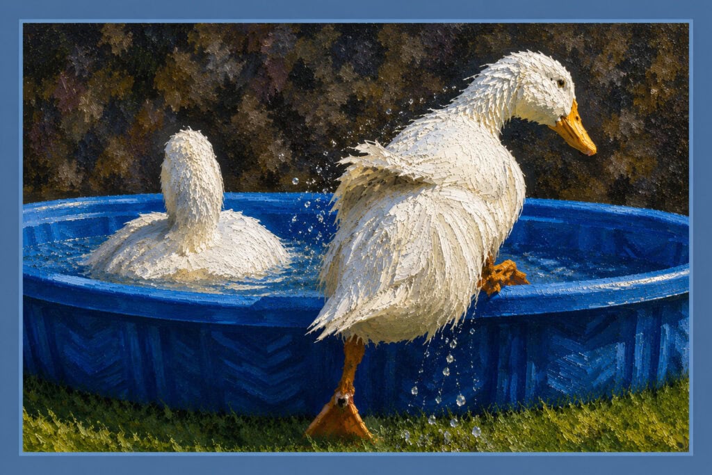 Oil painting of two ducks climbing into a blue paddling pool during hot weather, illustrating practical tips for sleeping in a UK heatwave.