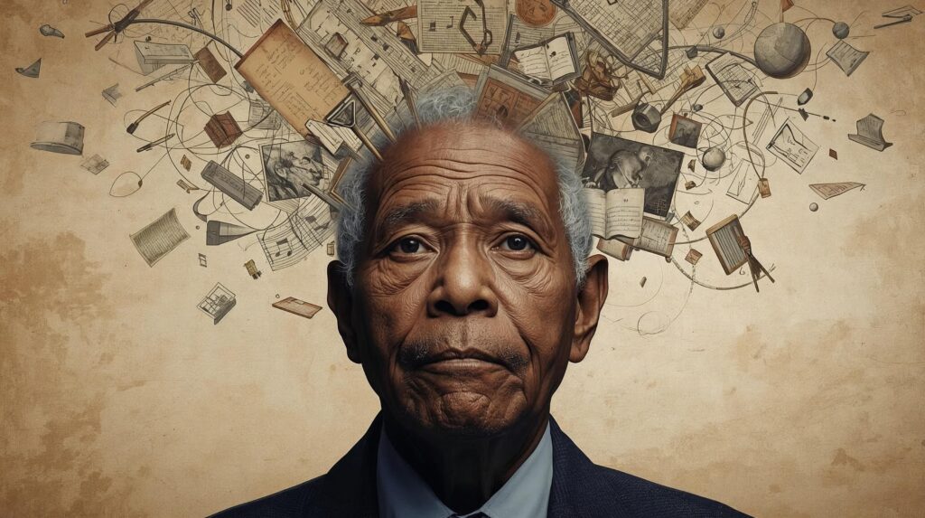 A portrait of an elderly African American person, with detailed notes and thoughts visually represented as swirling or floating elements within their head.