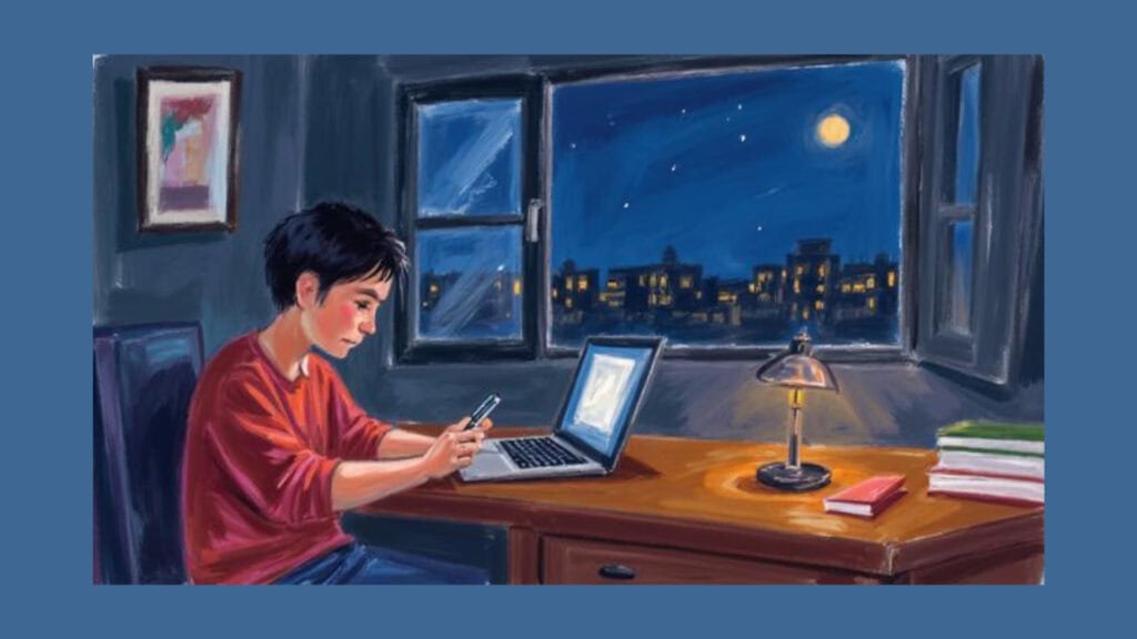 Teenager using phone and laptop at night under a desk lamp, illustrating teenage sleep problems and delayed body clock shift