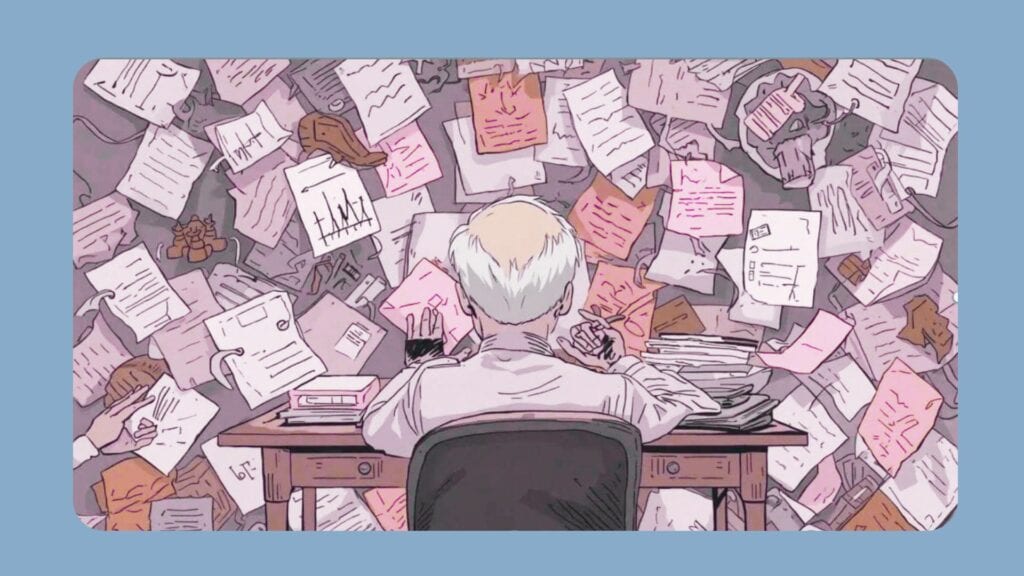 Person surrounded by scattered papers representing a busy mind and racing thoughts at night
