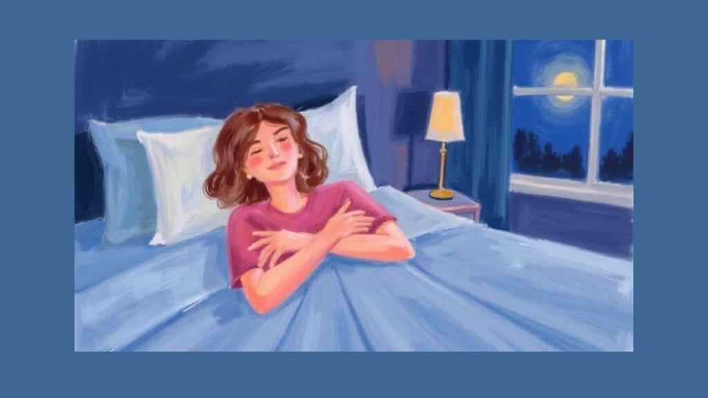 Person lying in bed calmly demonstrating the butterfly hug self-soothing technique to reduce anxiety at night.