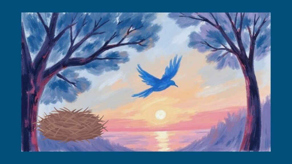 Empty Nest Sleep - image of Bird flying away from a large empty nest under a tree at sunset, symbolising empty nest and life transitions