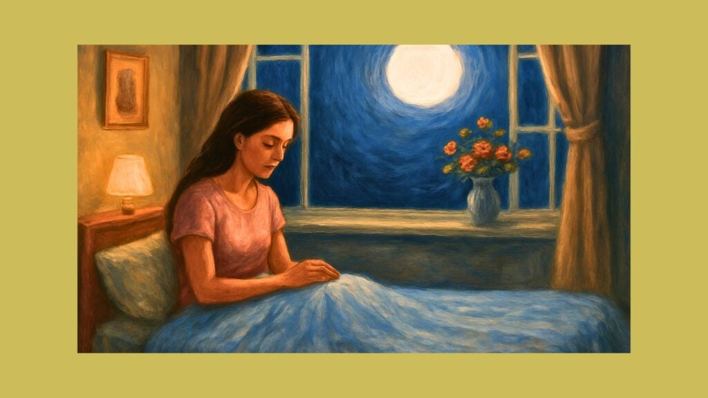 Young woman awake in bed at night, looking down thoughtfully, with flowers and moonlight through the window, representing grief and sleep