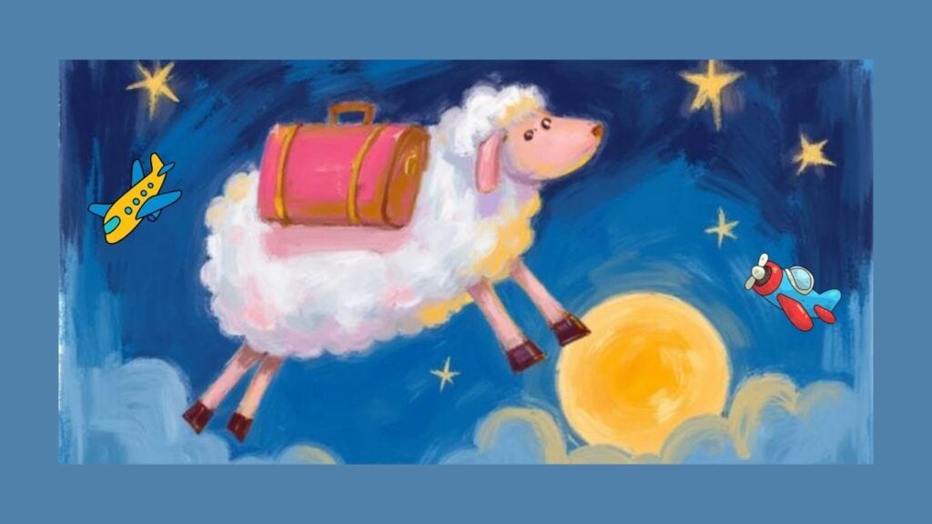 Sheep carrying a suitcase jumping over the moon with planes in the night sky – illustration of jet lag and disrupted sleep after travel