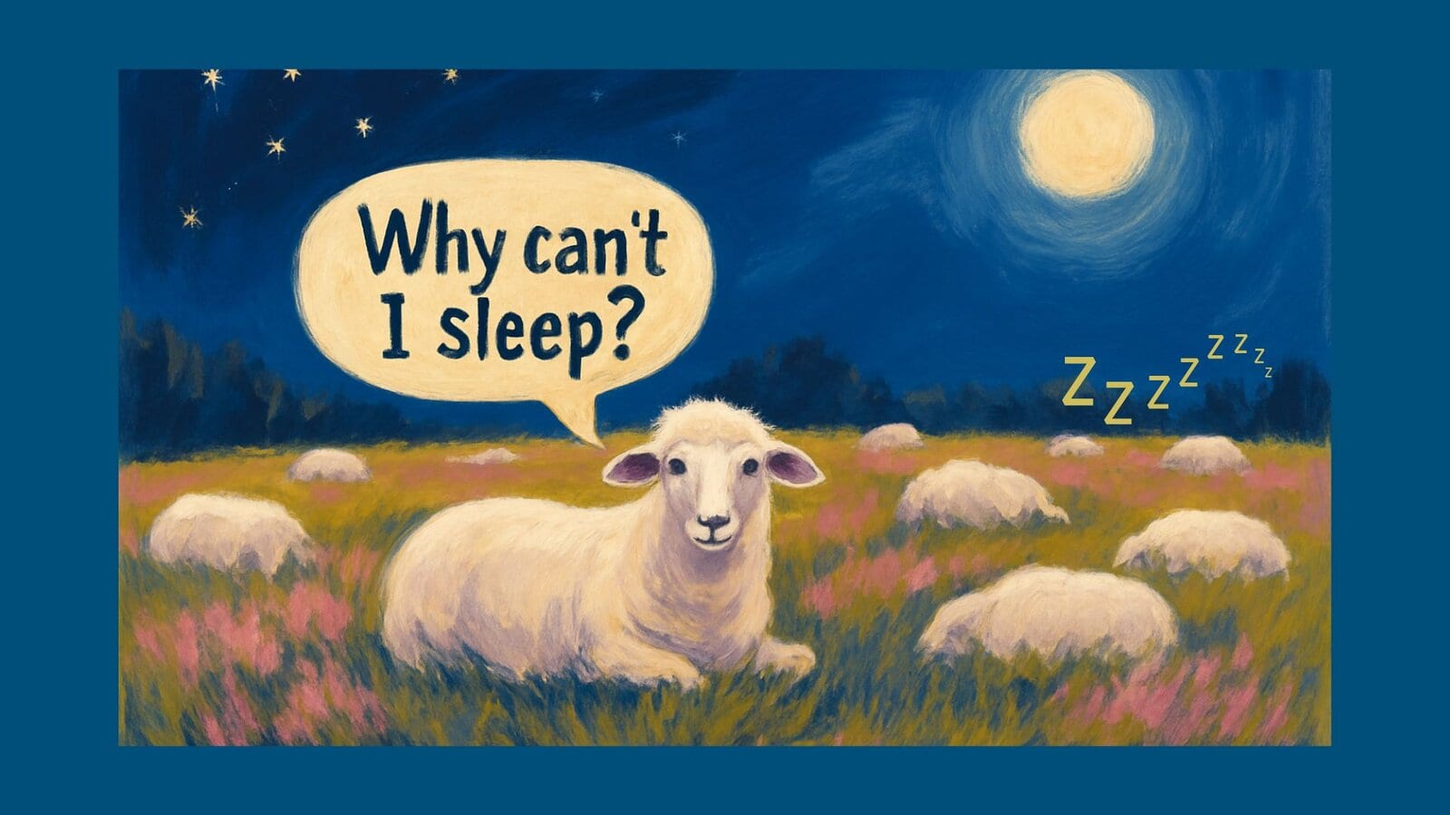 sheep-awake-at-night-insomnia-field.png Sheep lying awake at night in a field while other sheep sleep peacefully under the moon and star