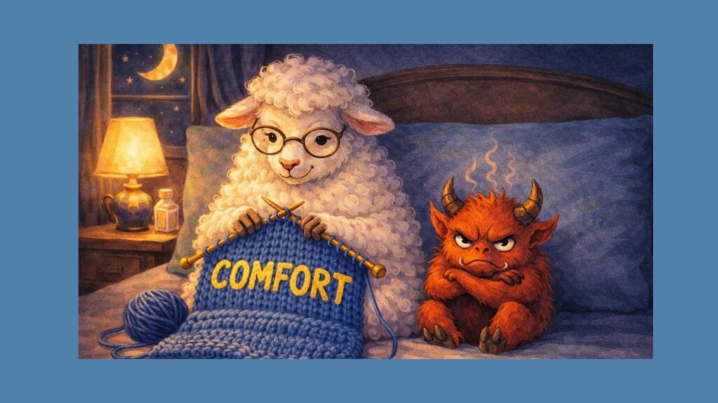 Sheep knitting a comfort blanket while a sulky gremlin representing discomfort sits beside it in bed
