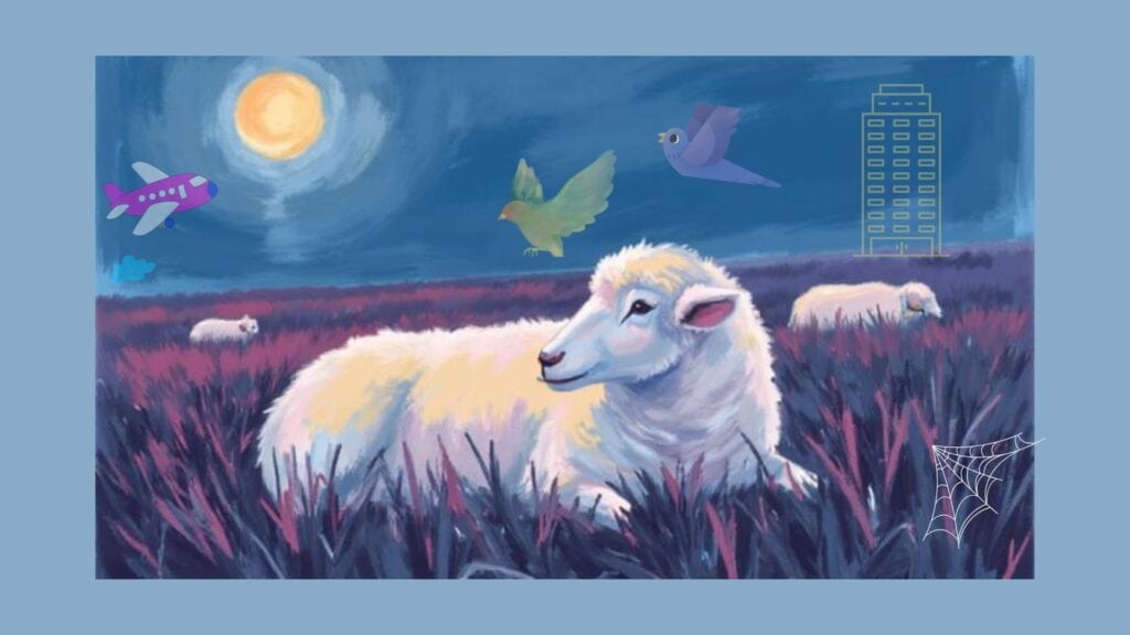 Sheep lying awake at night with calm thoughts despite fears