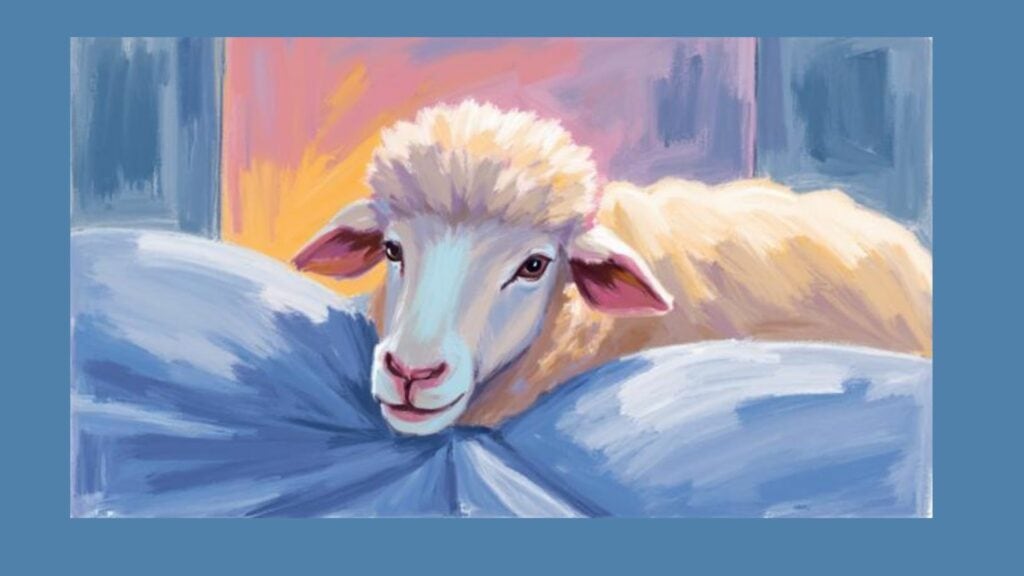 Sheep lying awake in bed at unusual hours, illustrating insomnia and shift work sleep problems