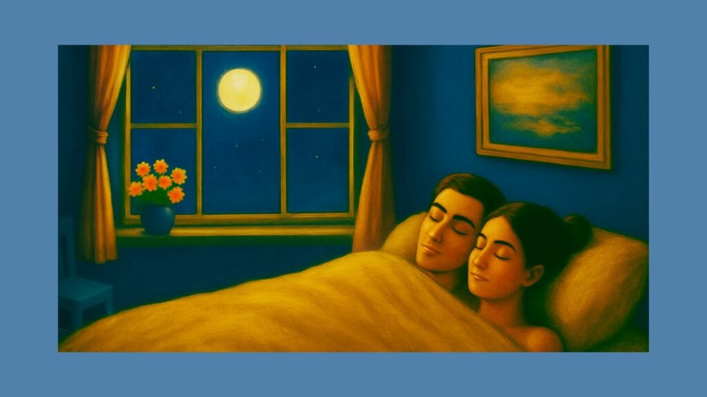 Couple sleeping peacefully in bed with heads touching, moonlight through window, calm night scene