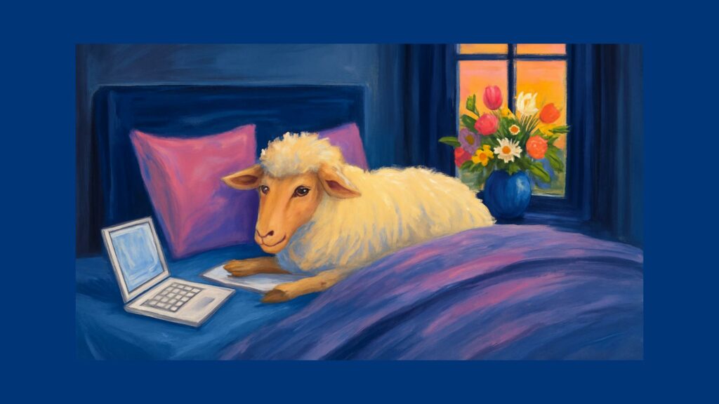 Sheep lying awake in bed with book and laptop, unable to sleep as dawn breaks