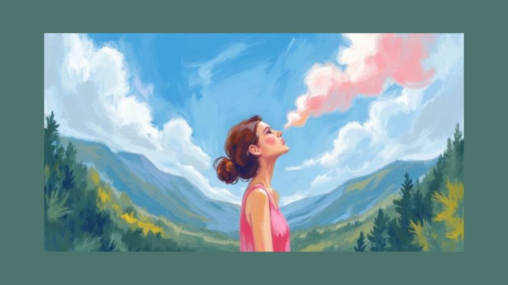 Woman standing in the mountains practising calm breathing to reduce stress