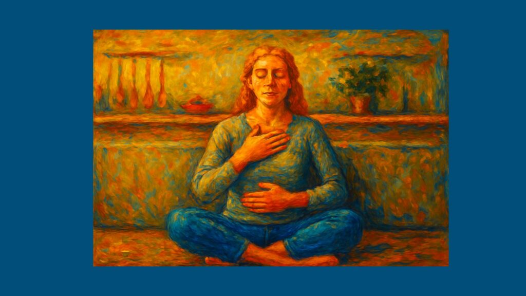 Woman sitting calmly with hand on chest and stomach practising slow breathing