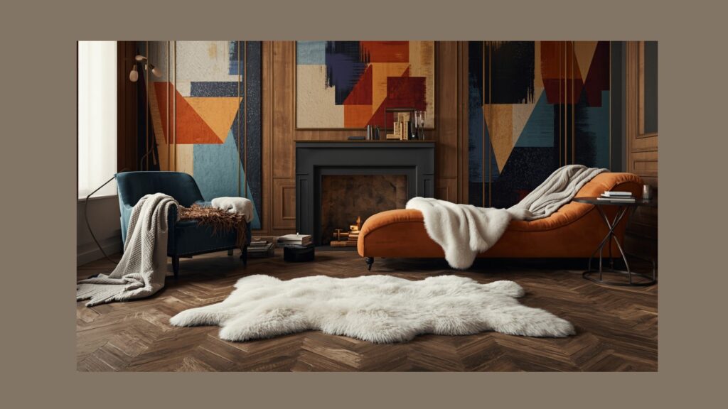 Traditional wool blankets and sheepskin rug in a modern room creating a warm, comfortable space for sleep and relaxation