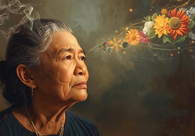 An older woman, resting with thoughts and stress coming out her head and a smile and happy images coming in