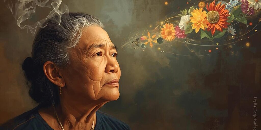 An older woman, resting with thoughts and stress coming out her head and a smile and happy images coming in