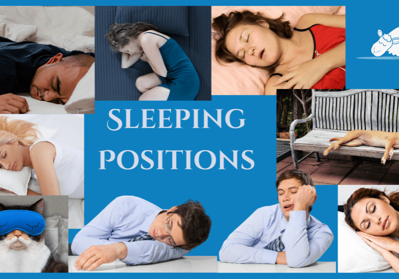 Image shows different ways of sleeping including - side sleeping, curling up in a foetal position, front sleeping, back sleeping and sleep sitting upright