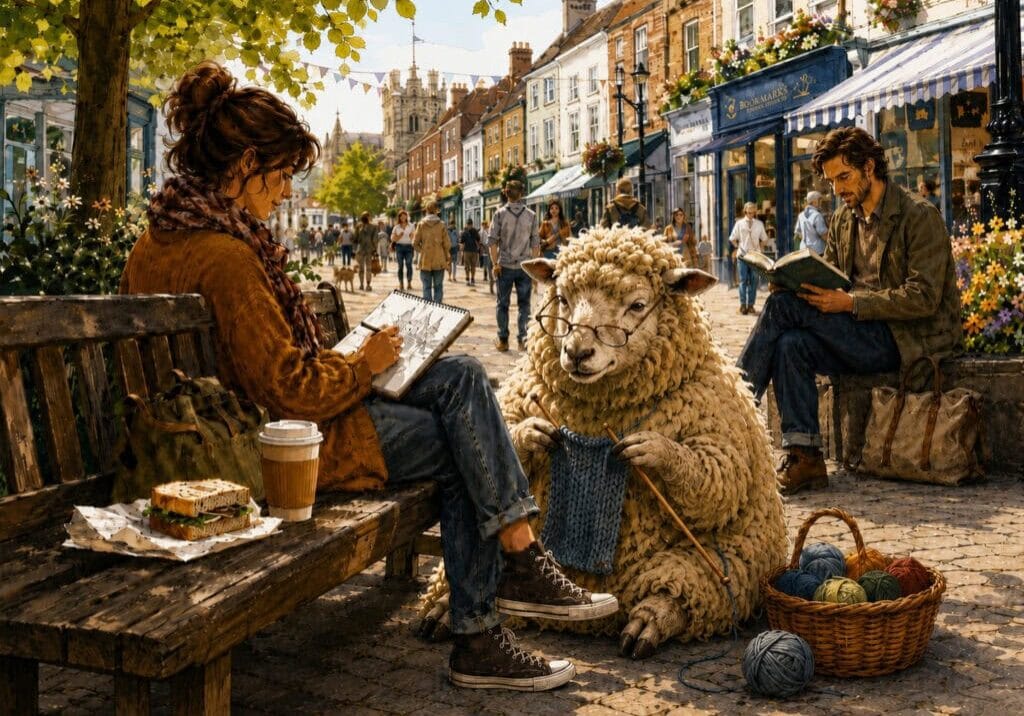 A woman sketches on a bench while eating her lunch, a man sits nearby reading, and a large sheep knits beside them in a busy town centre. The scene shows people taking a proper break from the rush of the day