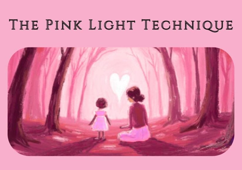 The image shows a lady and child sitting in the a pink forest, practising the Pink Light Technique.