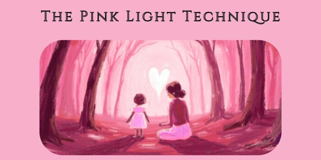The image shows a lady and child sitting in the a pink forest, practising the Pink Light Technique.