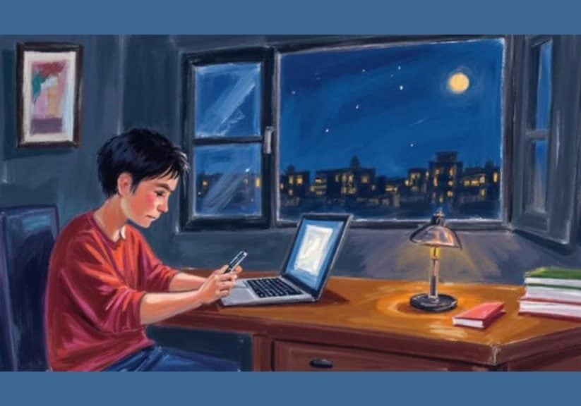 Teenager using phone and laptop at night under a desk lamp, illustrating teenage sleep problems and delayed body clock shift