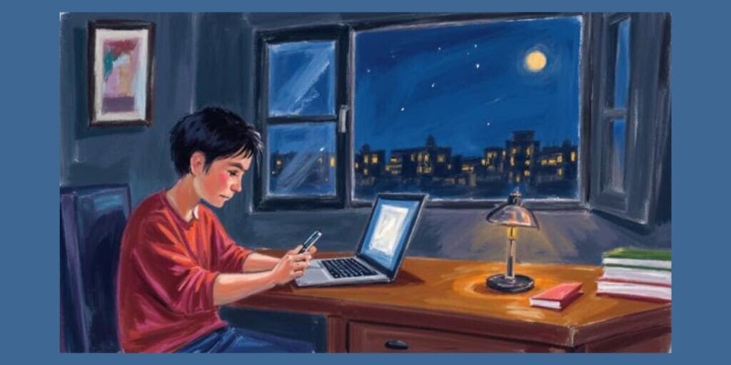 Teenager using phone and laptop at night under a desk lamp, illustrating teenage sleep problems and delayed body clock shift