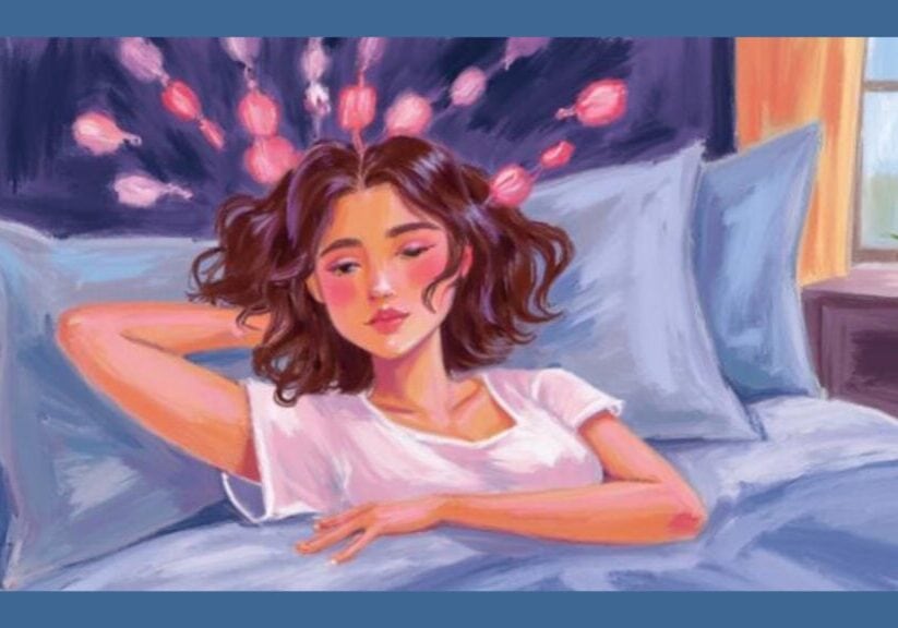 Woman lying in bed unable to sleep with visualised thoughts floating above her
