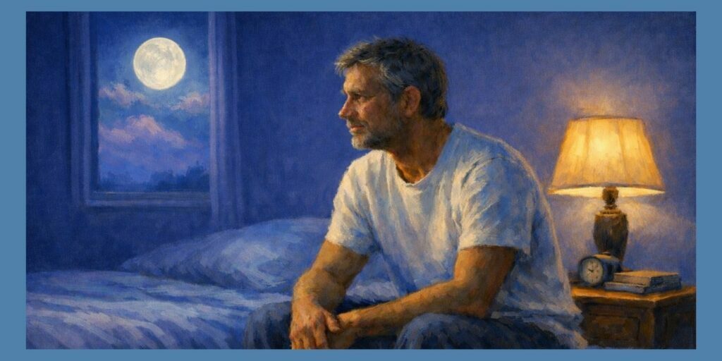 man awake at night thinking during midlife sleep changes