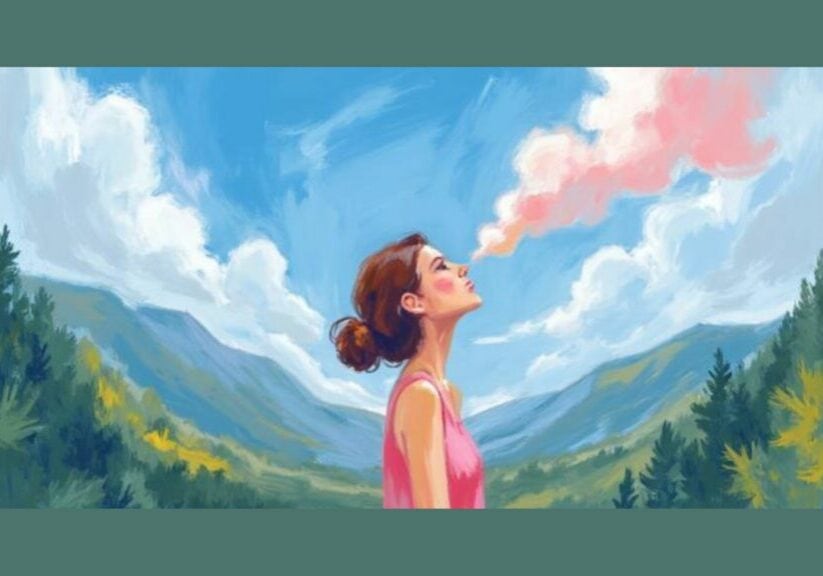 Woman standing in the mountains practising calm breathing to reduce stress