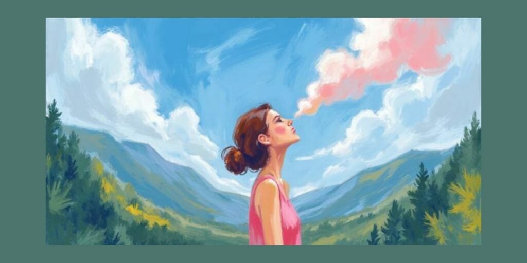 Woman standing in the mountains practising calm breathing to reduce stress