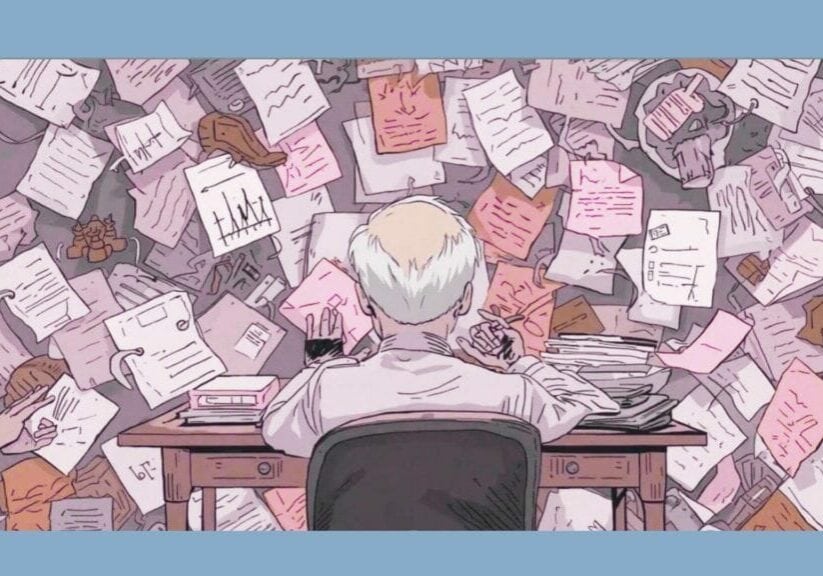 Person surrounded by scattered papers representing a busy mind and racing thoughts at night
