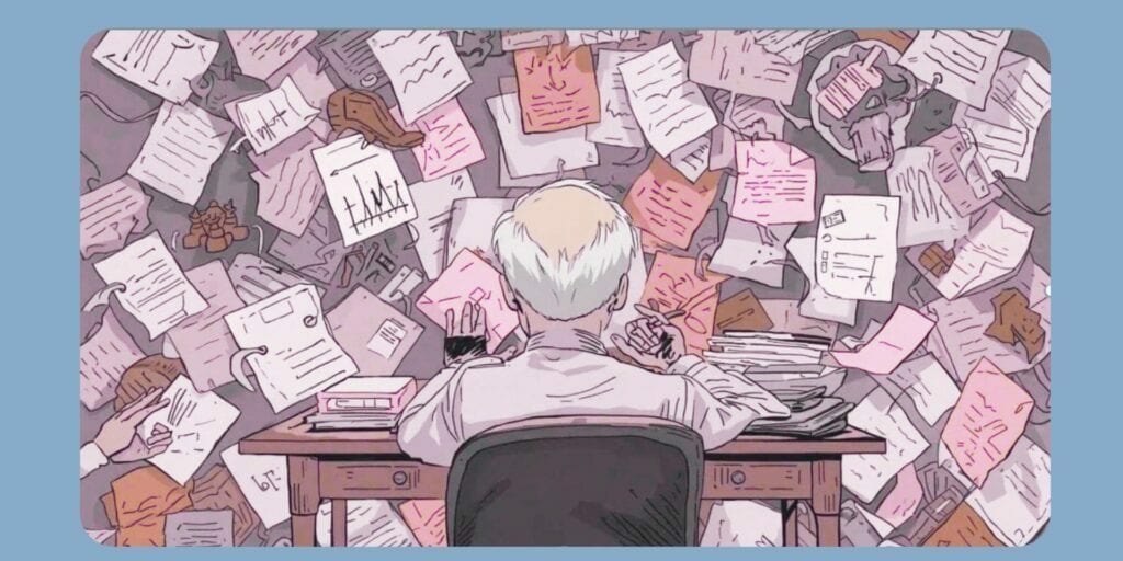 Person surrounded by scattered papers representing a busy mind and racing thoughts at night