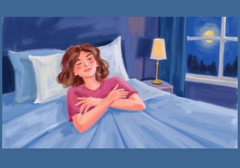 Person lying in bed calmly demonstrating the butterfly hug self-soothing technique to reduce anxiety at night.