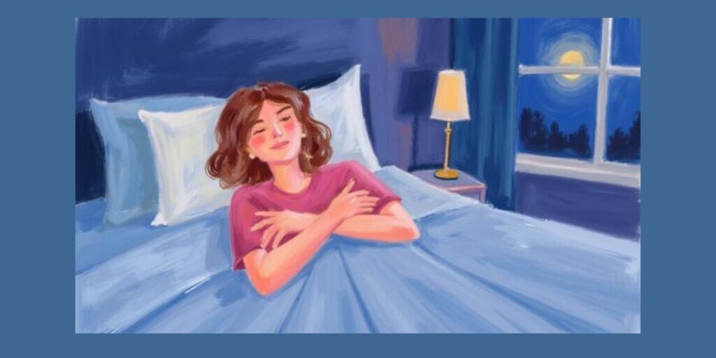 Person lying in bed calmly demonstrating the butterfly hug self-soothing technique to reduce anxiety at night.