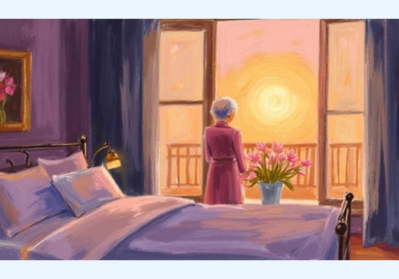 Older woman sitting by bedroom window in soft morning light reflecting natural sleep changes in later life