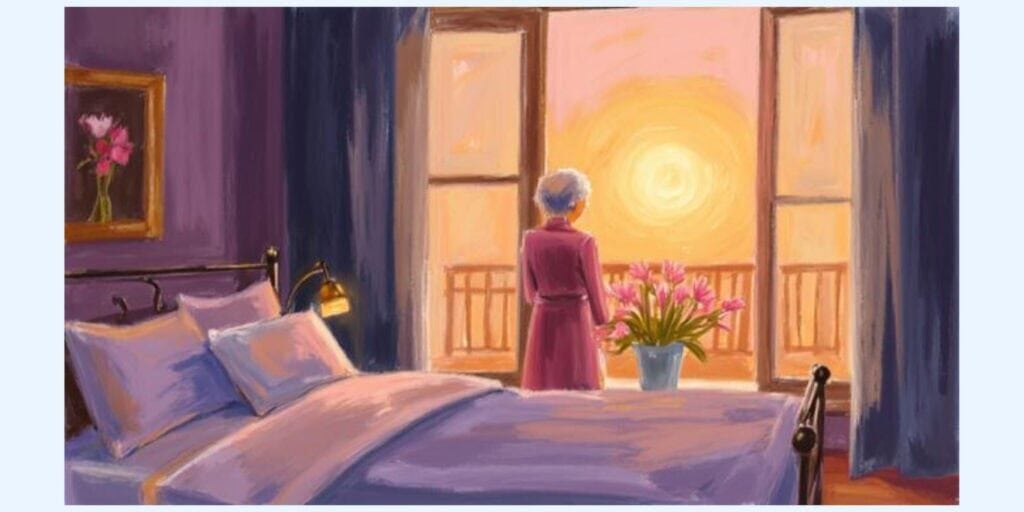 Older woman sitting by bedroom window in soft morning light reflecting natural sleep changes in later life