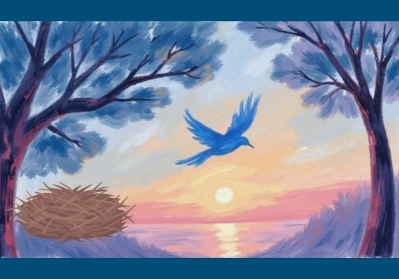 Empty Nest Sleep - image of bird flying away from a large empty nest under a tree at sunset, symbolising empty nest and life transition