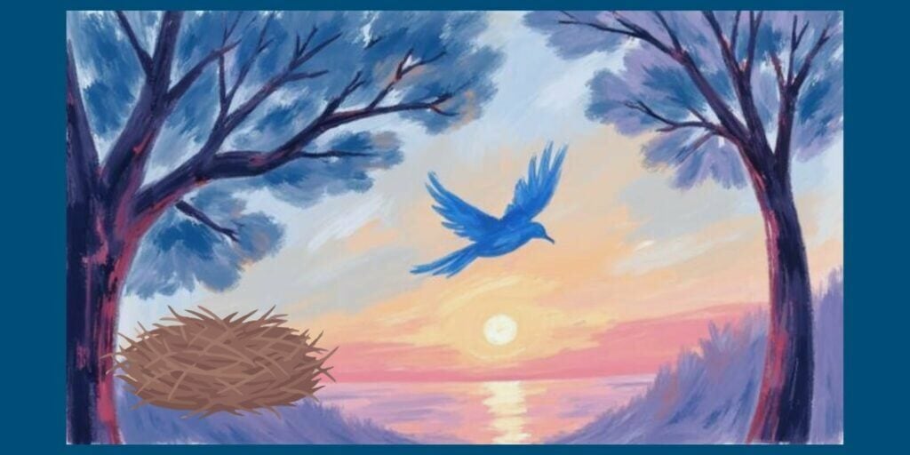 Empty Nest Sleep - image of bird flying away from a large empty nest under a tree at sunset, symbolising empty nest and life transition