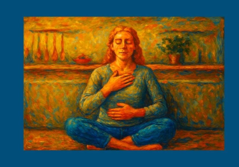 Woman sitting calmly with hand on chest and stomach practising slow breathing