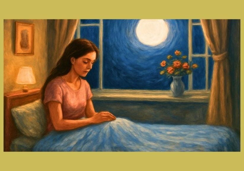 Young woman awake in bed at night, looking down thoughtfully, with flowers and moonlight through the window, representing grief and sleep