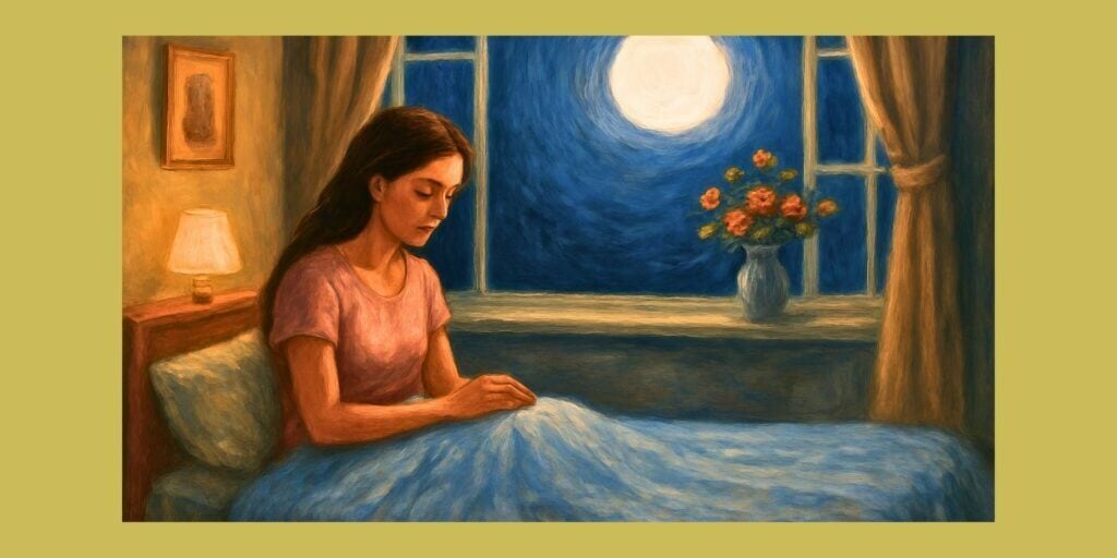Young woman awake in bed at night, looking down thoughtfully, with flowers and moonlight through the window, representing grief and sleep