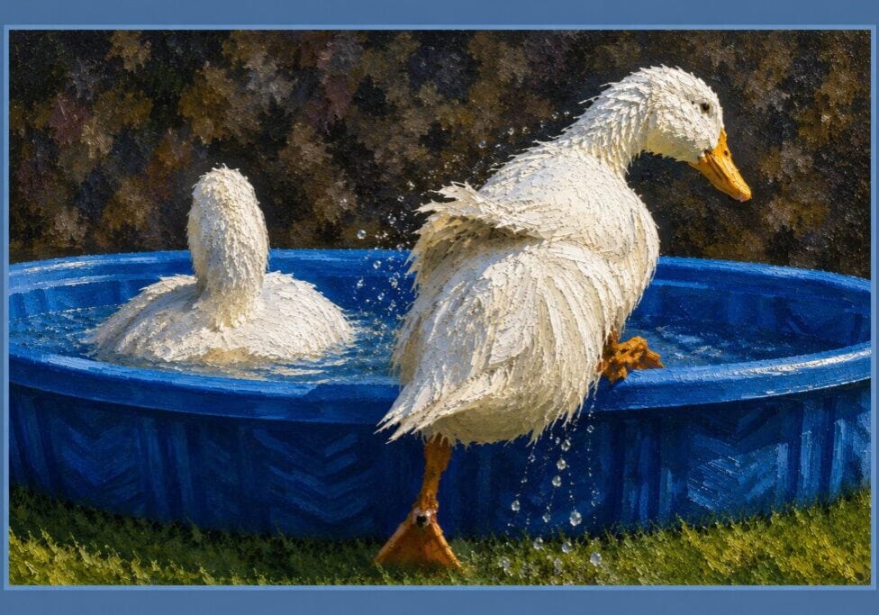 Oil painting of two ducks climbing into a blue paddling pool during hot weather, illustrating practical tips for sleeping in a UK heatwave.