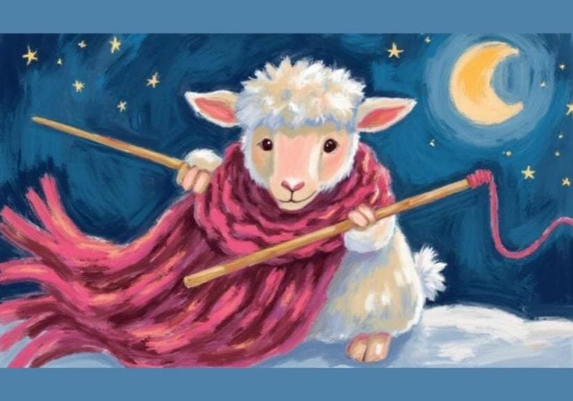 sheep knitting a sleep scarf under the moon representing calming the nervous system and recovering from hyperarousal insomnia
