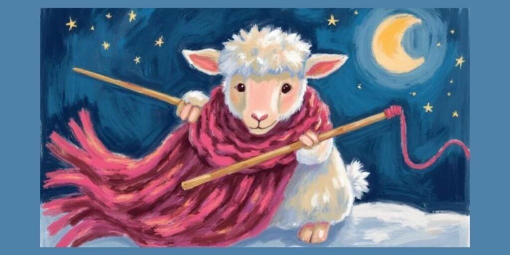 sheep knitting a sleep scarf under the moon representing calming the nervous system and recovering from hyperarousal insomnia