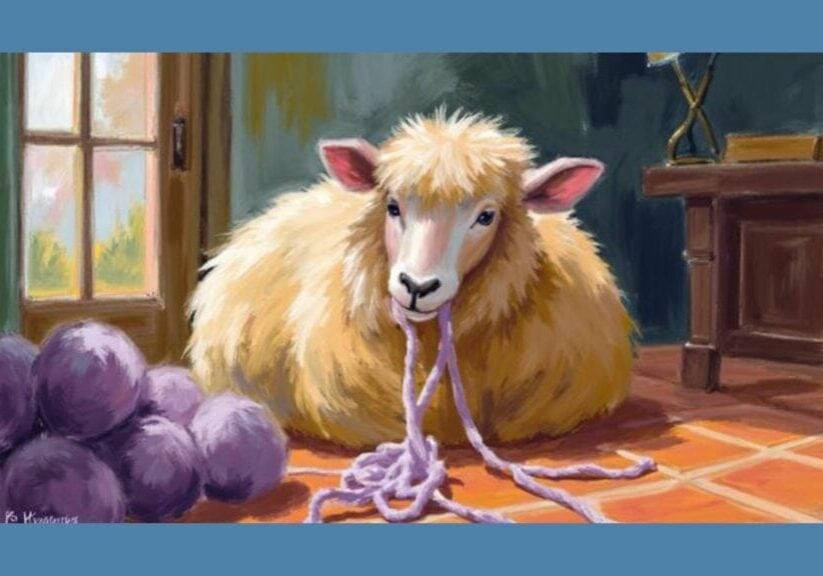 sheep chewing tangled yarn representing hyperarousal insomnia and a restless nervous system