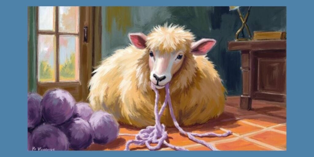 sheep chewing tangled yarn representing hyperarousal insomnia and a restless nervous system