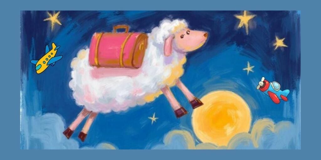 Sheep carrying a suitcase jumping over the moon with planes in the night sky – illustration of jet lag and disrupted sleep after travel