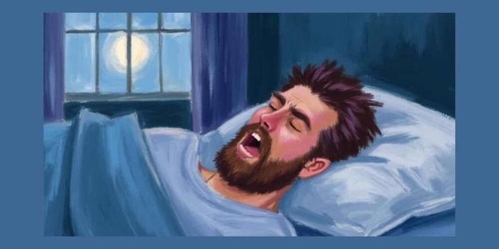Man snoring with mouth open in bed, illustrating snoring and sleep disruption