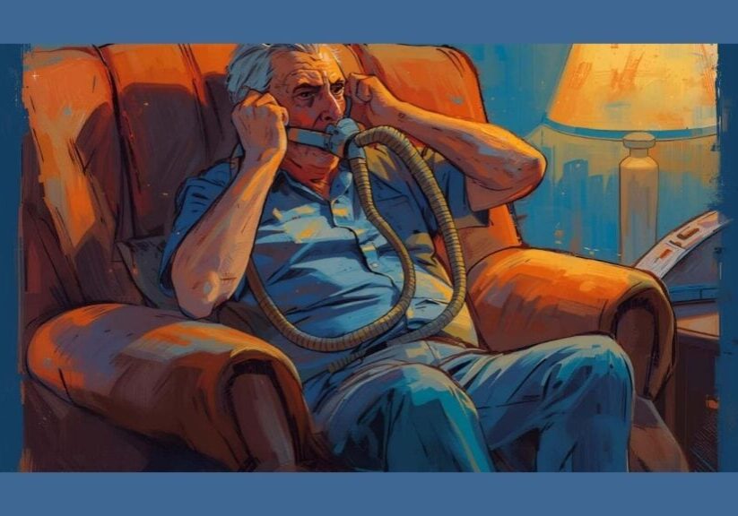 Man trying to get used to wearing a CPAP mask for sleep apnoea treatment.