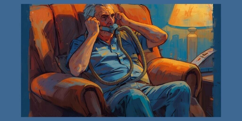 Man trying to get used to wearing a CPAP mask for sleep apnoea treatment.